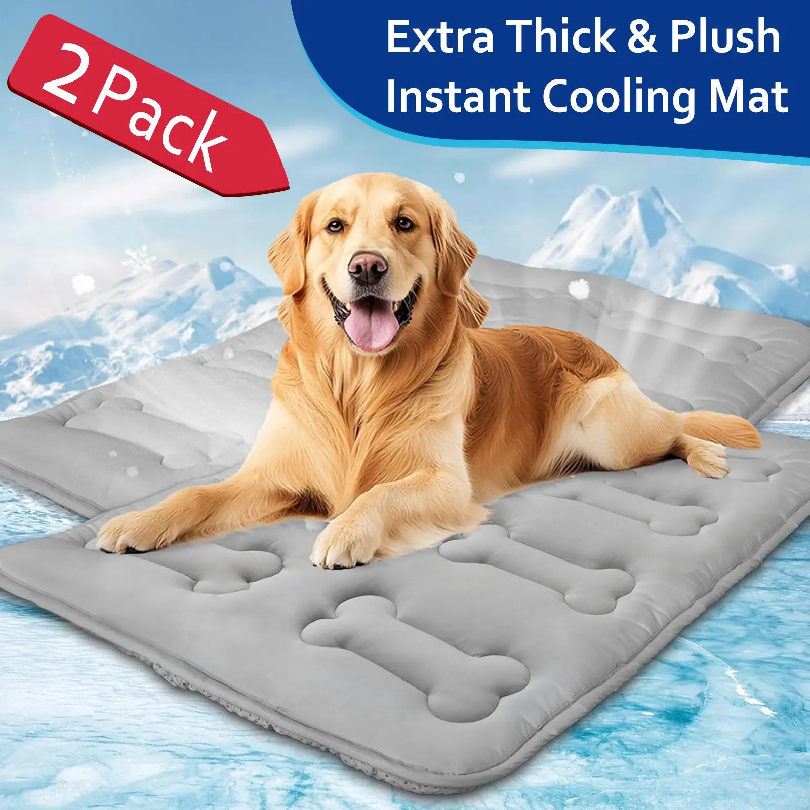 2-Pack Thicker Dog Cooling Mats for Dogs or Cats, Cute Bone Quiled Durable Non-Slip Long-Lasting Instant Cool Summer Pet Cooling Pad, No Geal No Electric Portable Lightweight Washable Indoor Outdoor Cold Kennel Crate Bed for Large Dogs, Grey #Summervibes