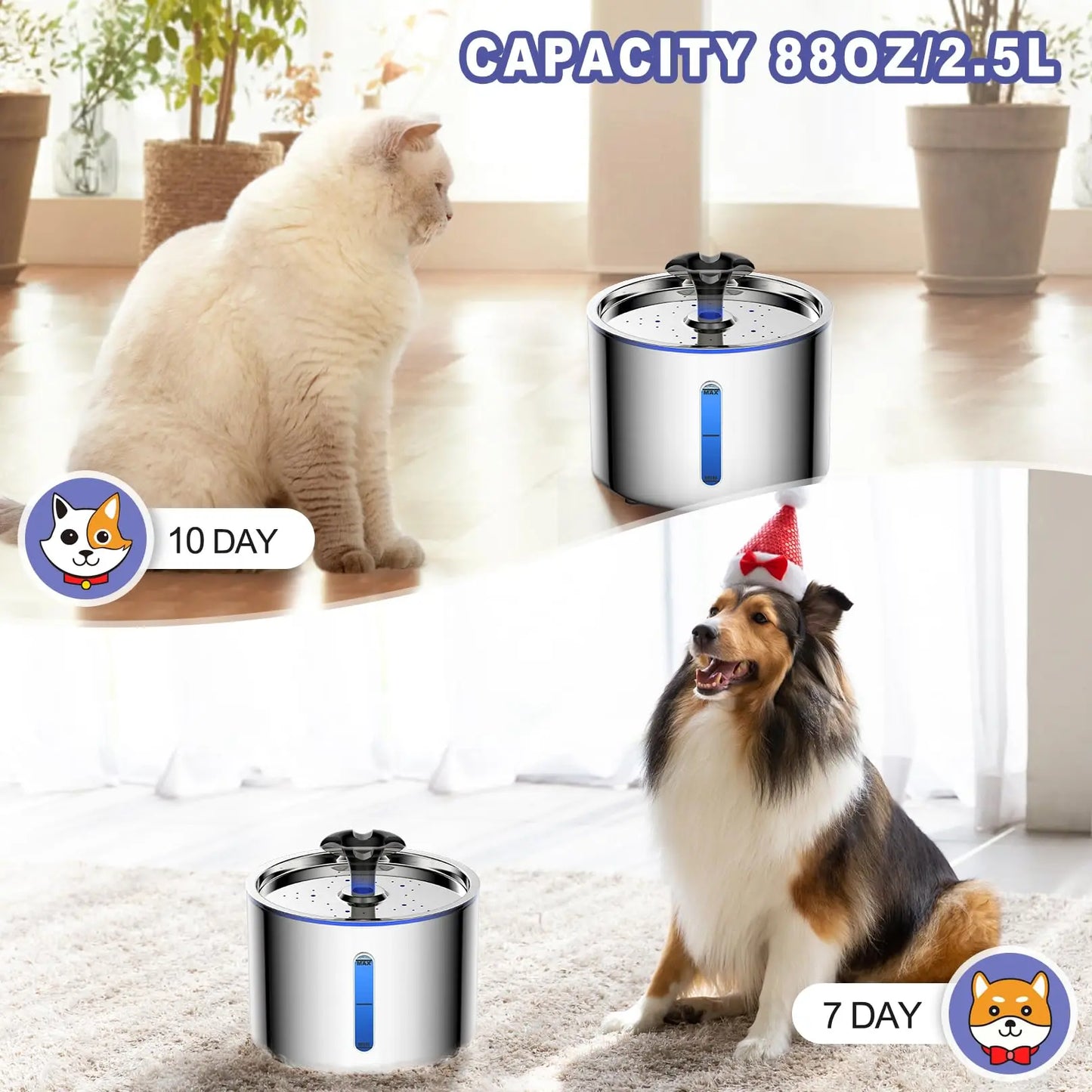 Fuente Automática de Agua Acero Inoxidable para Gatos y Perros de 2,5L con Apagado Automático, Luz LED y Base Antideslizante