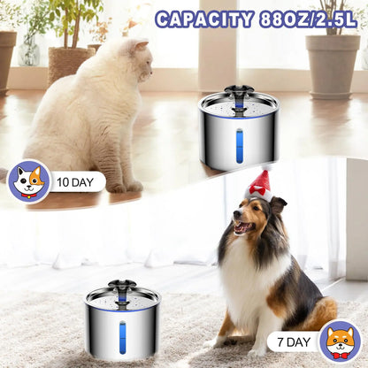 Fuente Automática de Agua Acero Inoxidable para Gatos y Perros de 2,5L con Apagado Automático, Luz LED y Base Antideslizante