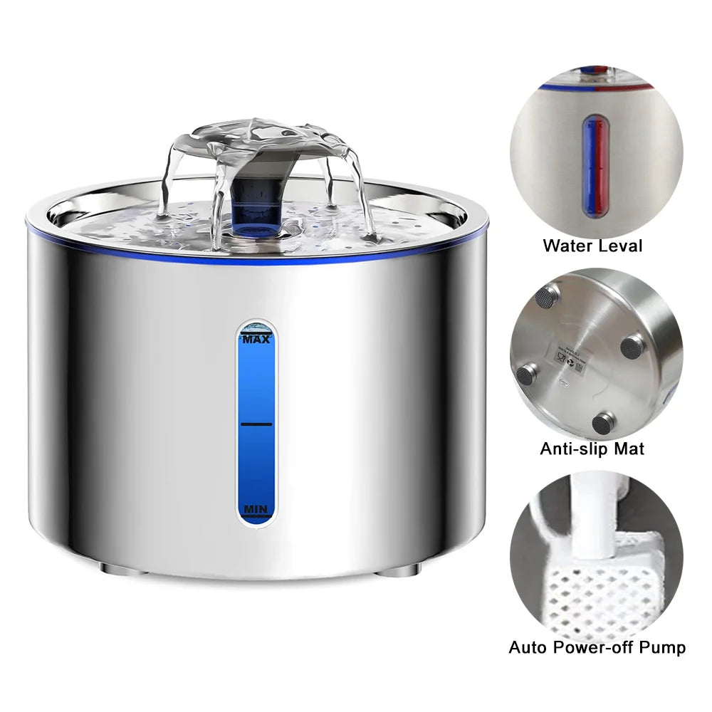 Fuente Automática de Agua Acero Inoxidable para Gatos y Perros de 2,5L con Apagado Automático, Luz LED y Base Antideslizante