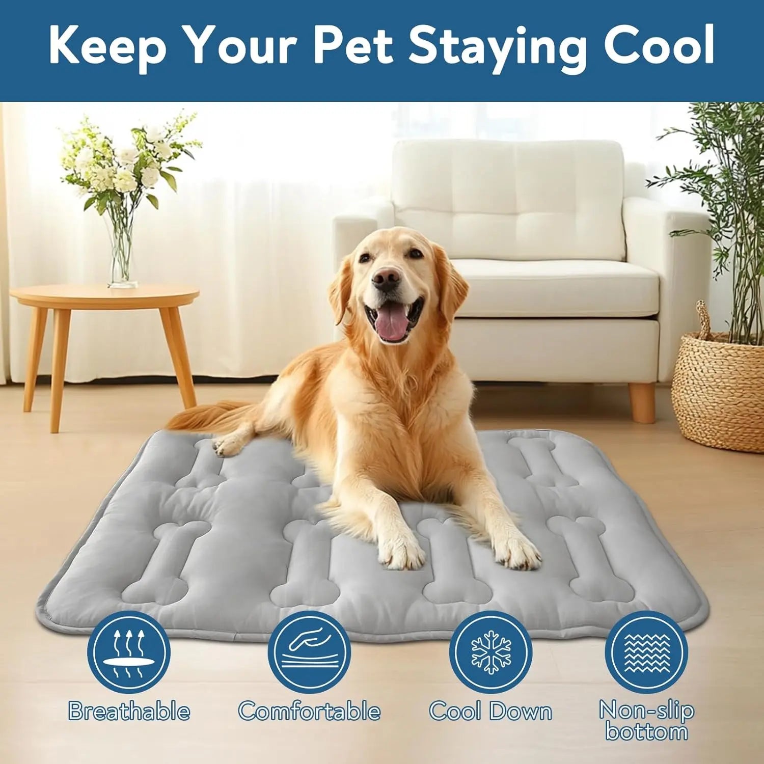 2-Pack Thicker Dog Cooling Mats for Dogs or Cats, Cute Bone Quiled Durable Non-Slip Long-Lasting Instant Cool Summer Pet Cooling Pad, No Geal No Electric Portable Lightweight Washable Indoor Outdoor Cold Kennel Crate Bed for Large Dogs, Grey #Summervibes