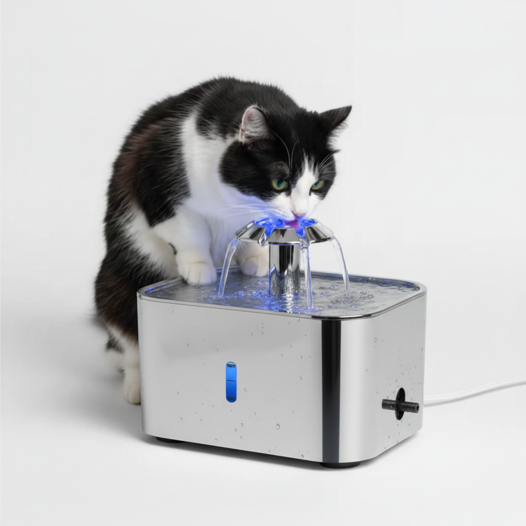Fuente Automática de Agua Acero Inoxidable para Gatos y Perros de 2,5L con Apagado Automático, Luz LED y Base Antideslizante